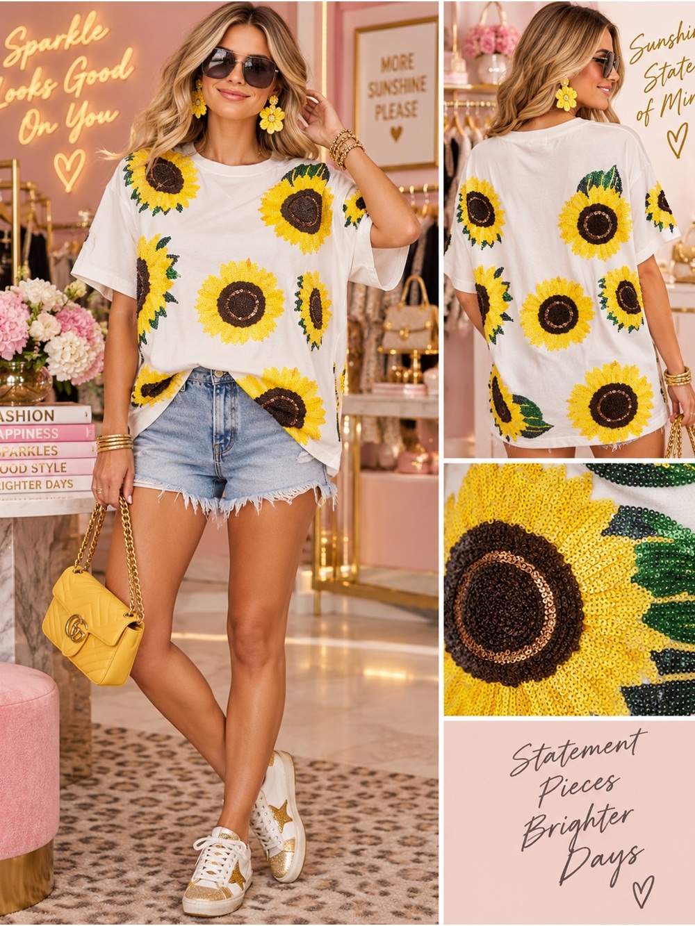 Queen of Sparkles all over Sequin Sunflower Tee Embellished Floral artsy casual
